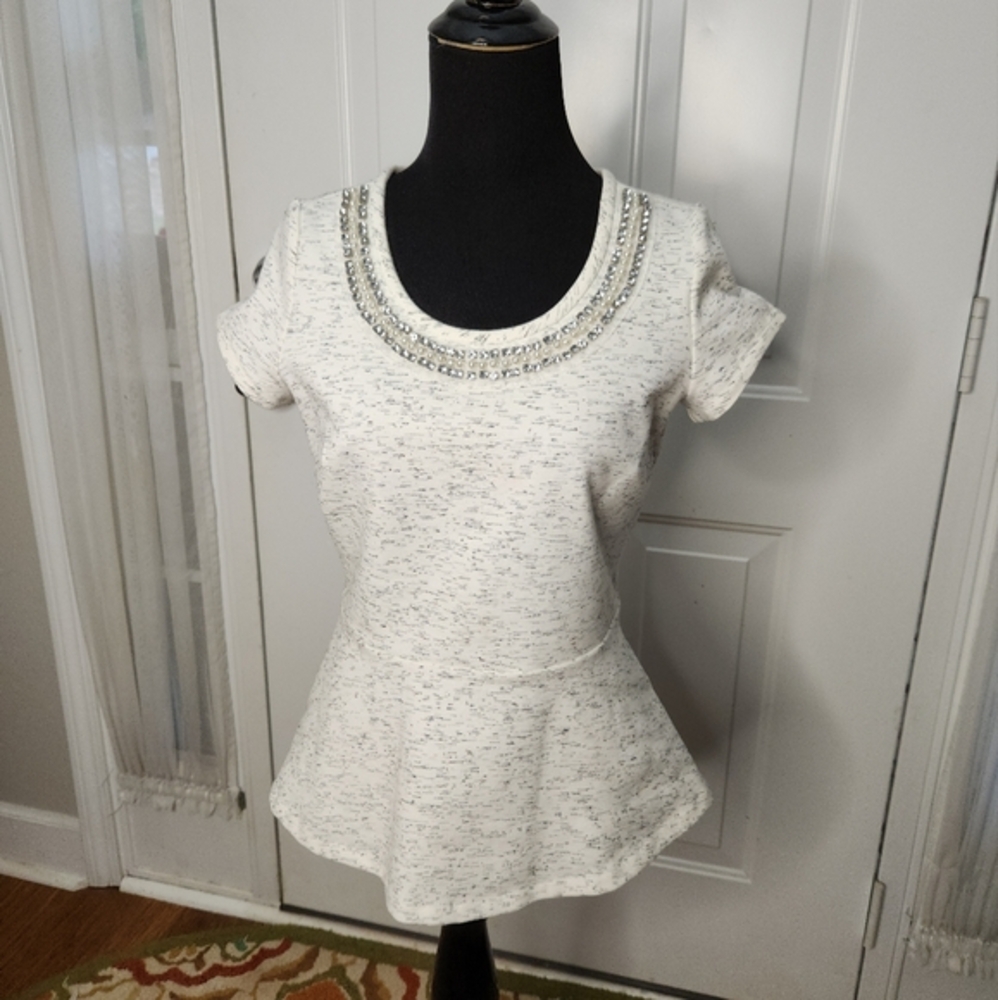Jules Maison Knit Pearl Rhinestone Jeweled Collar Peplum Top Size Small